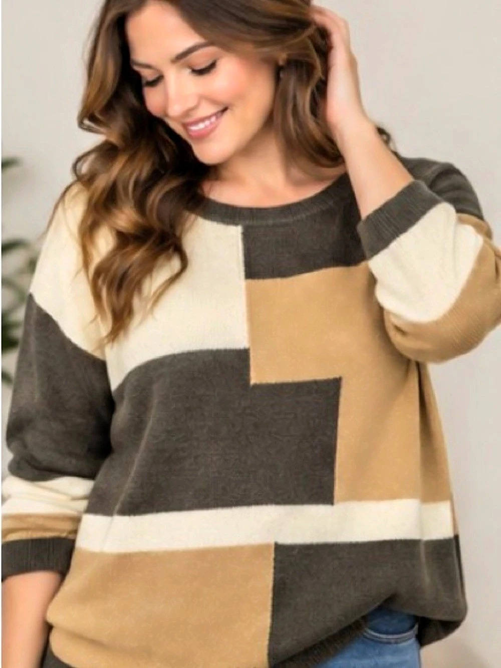 25” ptpColor Block Crewneck Sweater Brown & Gray Like New